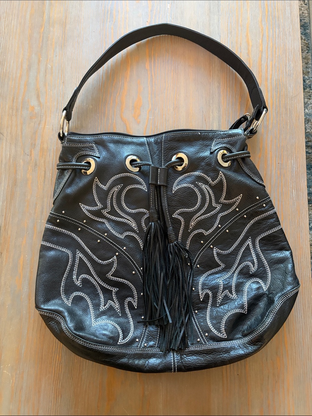 Ariat Black Leather Tassel Shoulder Bag with White Stitching